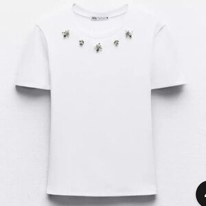 ZARA Crew Neck White Jewel T-Shirt Size M